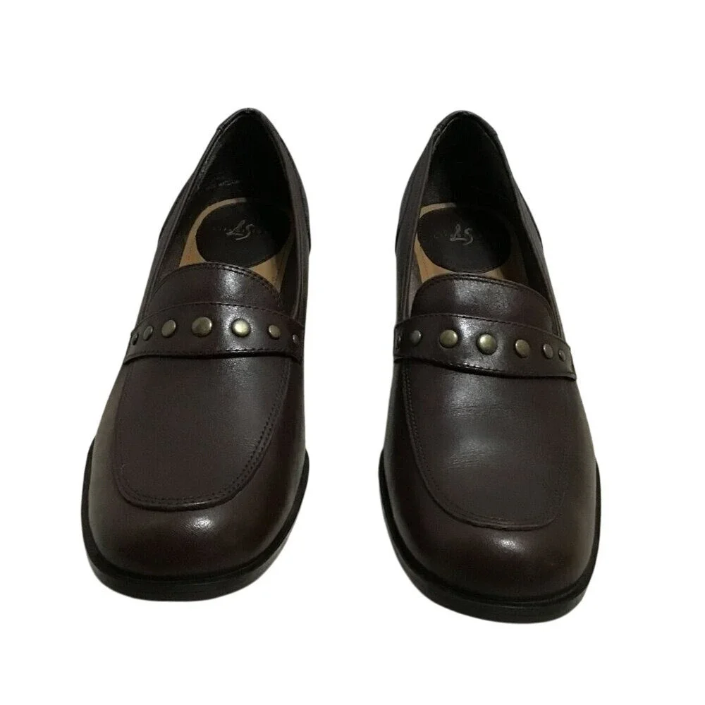 LifeStride League Brown Leather Studded Block Heel Loafers Shoes‎ Womens 7.5 M